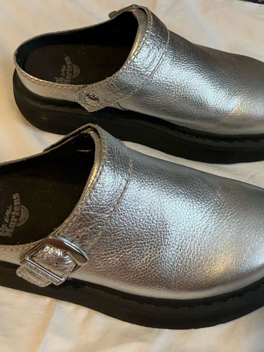 Doc Martens silver mules, 7.5 Women’s US